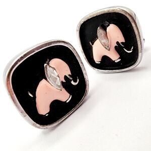 Vintage Pink Elephant Black Enamel Cufflinks, Mid-Century Silver-Tone Novelty